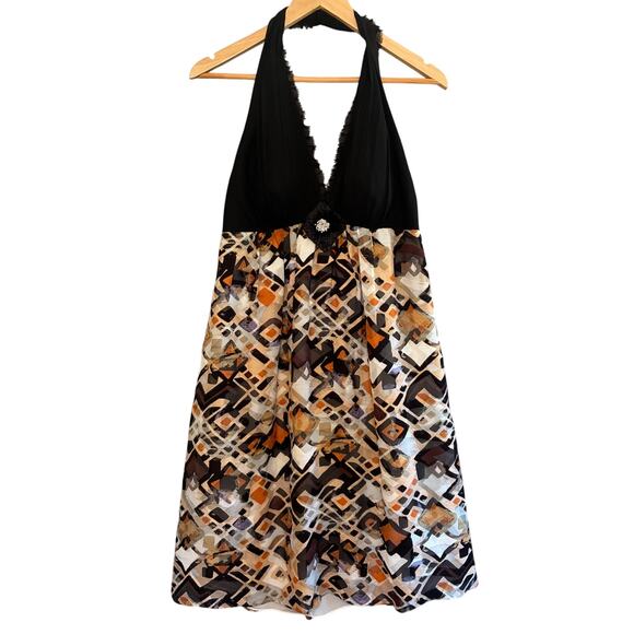 VTG Kay Unger Y2K Dress Women 10  Halter Baby Doll Silk Burnout Tribal Resort - Picture 1 of 16